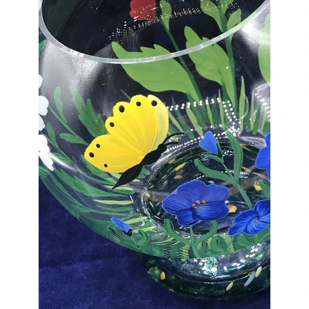 Romania Crystal Art Glass Vase Hand Painted Flowers‎ BEE & BUTTERFLY